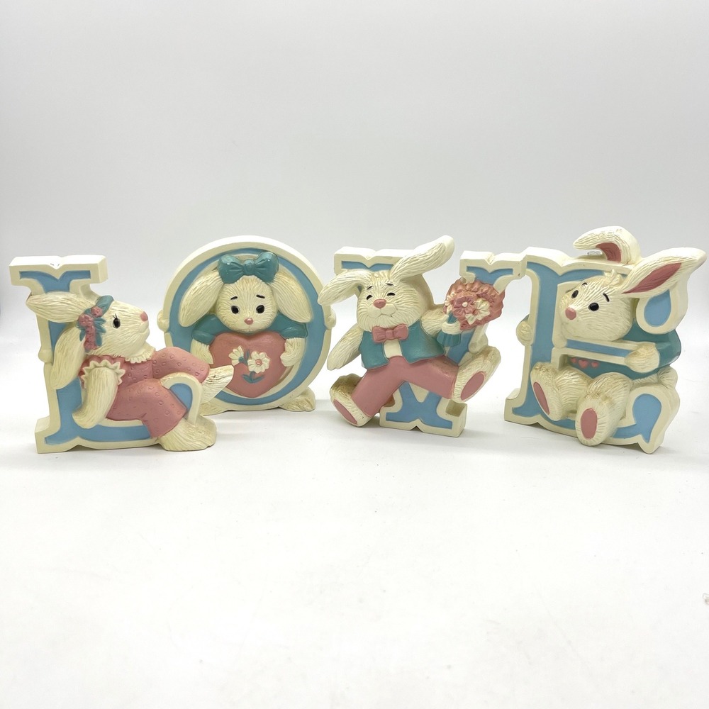 Vintage 1991 Burwood Products Bunny Rabbit‎ LOVE Wall Hanging Plaque Set 4pc